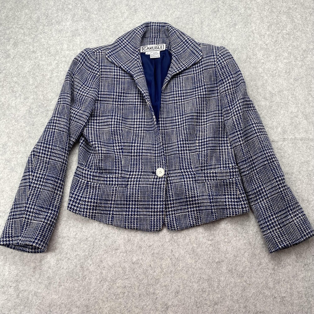 Vintage Carlisle Jacket Womens 2 Blue Plaid Wool Tweed Short Blazer Preppy 80s